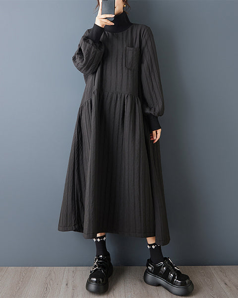 ellazhu Women's Oversized Quilted Turtleneck Maxi Dress Long Sleeve A Line Casual Gothic Dark Academia Streetwear GZ844