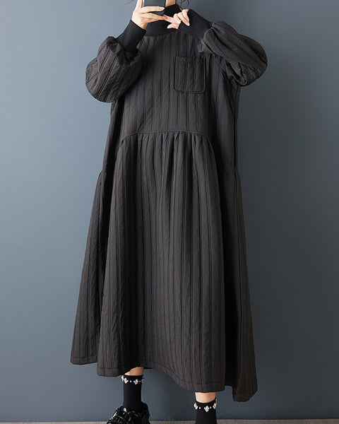 ellazhu Women's Oversized Quilted Turtleneck Maxi Dress Long Sleeve A Line Casual Gothic Dark Academia Streetwear GZ844