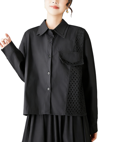 ellazhu Women's Gothic Mesh Patchwork Shirt Loose Long Sleeve Button Down Oversized Casual Plus Size Streetwear Top GZ845