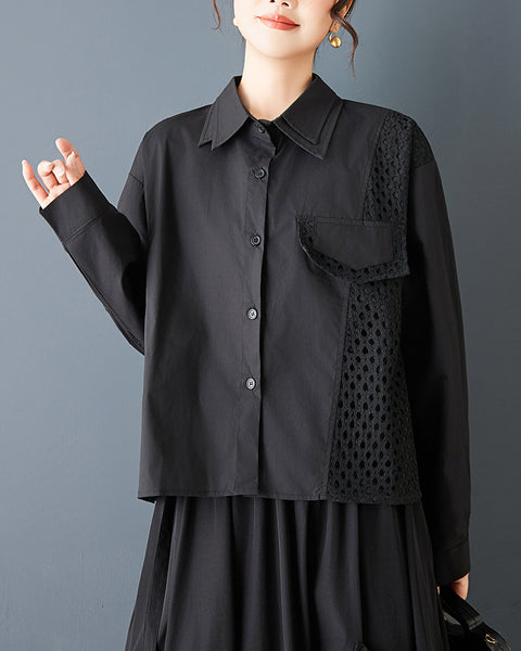 ellazhu Women's Gothic Mesh Patchwork Shirt Loose Long Sleeve Button Down Oversized Casual Plus Size Streetwear Top GZ845