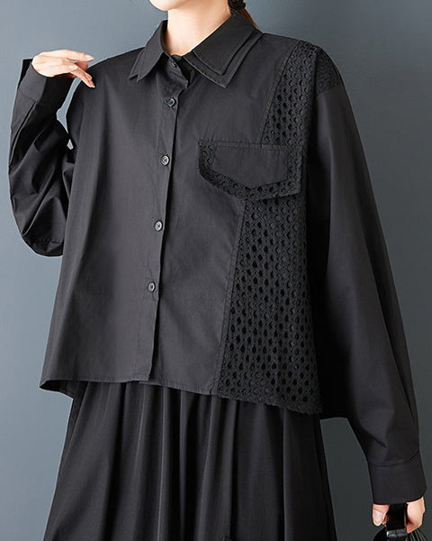 ellazhu Women's Gothic Mesh Patchwork Shirt Loose Long Sleeve Button Down Oversized Casual Plus Size Streetwear Top GZ845