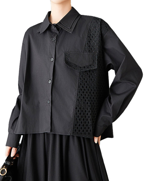 ellazhu Women's Gothic Mesh Patchwork Shirt Loose Long Sleeve Button Down Oversized Casual Plus Size Streetwear Top GZ845