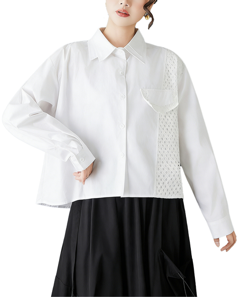 ellazhu Women's Gothic Mesh Patchwork Shirt Loose Long Sleeve Button Down Oversized Casual Plus Size Streetwear Top GZ845
