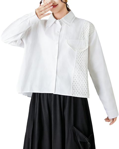 ellazhu Women's Gothic Mesh Patchwork Shirt Loose Long Sleeve Button Down Oversized Casual Plus Size Streetwear Top GZ845