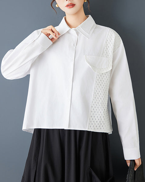 ellazhu Women's Gothic Mesh Patchwork Shirt Loose Long Sleeve Button Down Oversized Casual Plus Size Streetwear Top GZ845