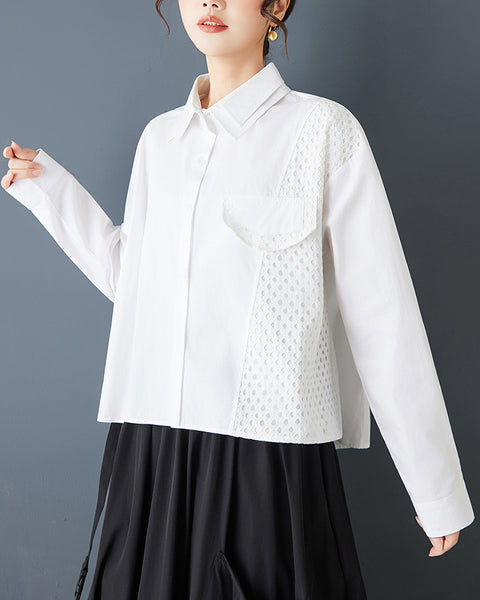 ellazhu Women's Gothic Mesh Patchwork Shirt Loose Long Sleeve Button Down Oversized Casual Plus Size Streetwear Top GZ845