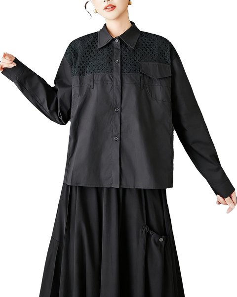 ellazhu Women's Mesh Patchwork Shirt Loose Long Sleeve Button Down Lapel Neck Oversized Casual Plus Size Streetwear GZ846