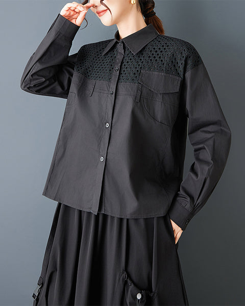 ellazhu Women's Mesh Patchwork Shirt Loose Long Sleeve Button Down Lapel Neck Oversized Casual Plus Size Streetwear GZ846