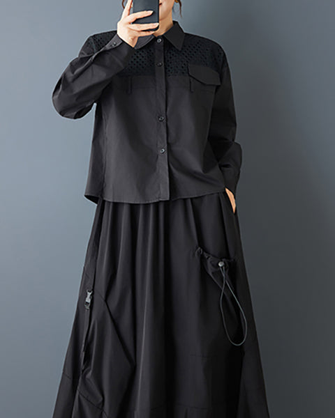 ellazhu Women's Mesh Patchwork Shirt Loose Long Sleeve Button Down Lapel Neck Oversized Casual Plus Size Streetwear GZ846