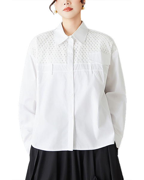 ellazhu Women's Mesh Patchwork Shirt Loose Long Sleeve Button Down Lapel Neck Oversized Casual Plus Size Streetwear GZ846
