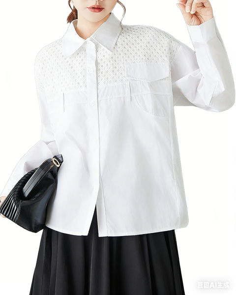 ellazhu Women's Mesh Patchwork Shirt Loose Long Sleeve Button Down Lapel Neck Oversized Casual Plus Size Streetwear GZ846