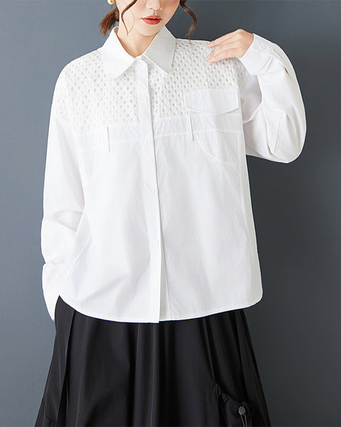 ellazhu Women's Mesh Patchwork Shirt Loose Long Sleeve Button Down Lapel Neck Oversized Casual Plus Size Streetwear GZ846
