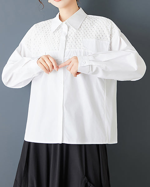 ellazhu Women's Mesh Patchwork Shirt Loose Long Sleeve Button Down Lapel Neck Oversized Casual Plus Size Streetwear GZ846