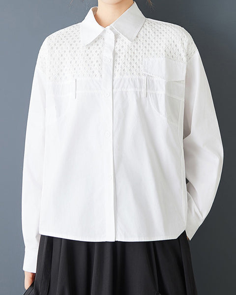 ellazhu Women's Mesh Patchwork Shirt Loose Long Sleeve Button Down Lapel Neck Oversized Casual Plus Size Streetwear GZ846