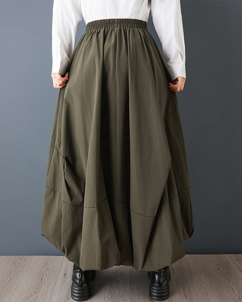 ellazhu Women's Plus Size Gothic Cargo Midi Skirt Elastic Waist A Line Balloon Skirt Casual Streetwear Pockets Trendy GZ847