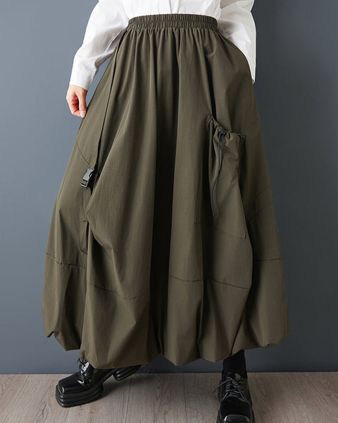 ellazhu Women's Plus Size Gothic Cargo Midi Skirt Elastic Waist A Line Balloon Skirt Casual Streetwear Pockets Trendy GZ847
