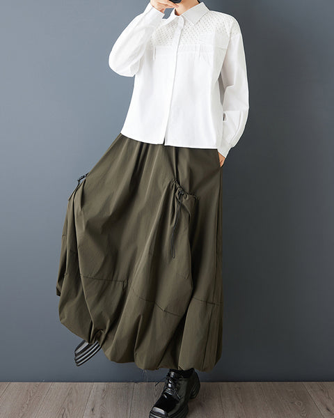 ellazhu Women's Plus Size Gothic Cargo Midi Skirt Elastic Waist A Line Balloon Skirt Casual Streetwear Pockets Trendy GZ847