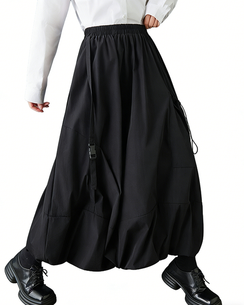 ellazhu Women's Plus Size Gothic Cargo Midi Skirt Elastic Waist A Line Balloon Skirt Casual Streetwear Pockets Trendy GZ847