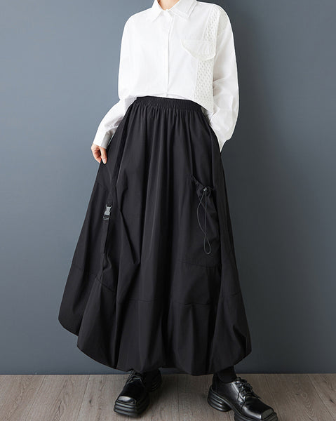 ellazhu Women's Plus Size Gothic Cargo Midi Skirt Elastic Waist A Line Balloon Skirt Casual Streetwear Pockets Trendy GZ847