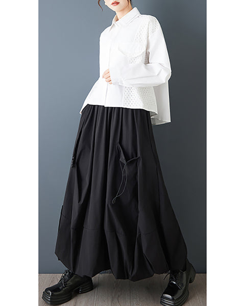 ellazhu Women's Plus Size Gothic Cargo Midi Skirt Elastic Waist A Line Balloon Skirt Casual Streetwear Pockets Trendy GZ847