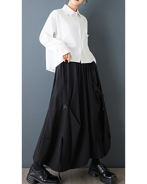 ellazhu Women's Plus Size Gothic Cargo Midi Skirt Elastic Waist A Line Balloon Skirt Casual Streetwear Pockets Trendy GZ847