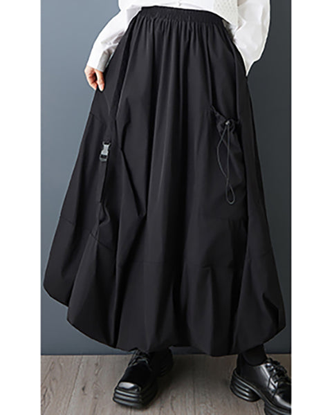 ellazhu Women's Plus Size Gothic Cargo Midi Skirt Elastic Waist A Line Balloon Skirt Casual Streetwear Pockets Trendy GZ847