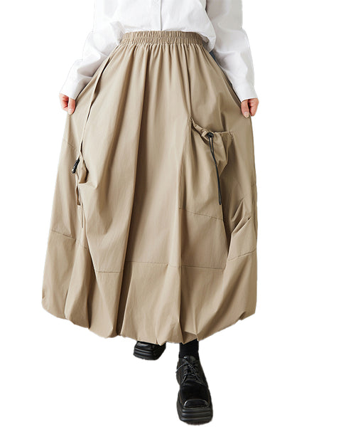 ellazhu Women's Plus Size Gothic Cargo Midi Skirt Elastic Waist A Line Balloon Skirt Casual Streetwear Pockets Trendy GZ847