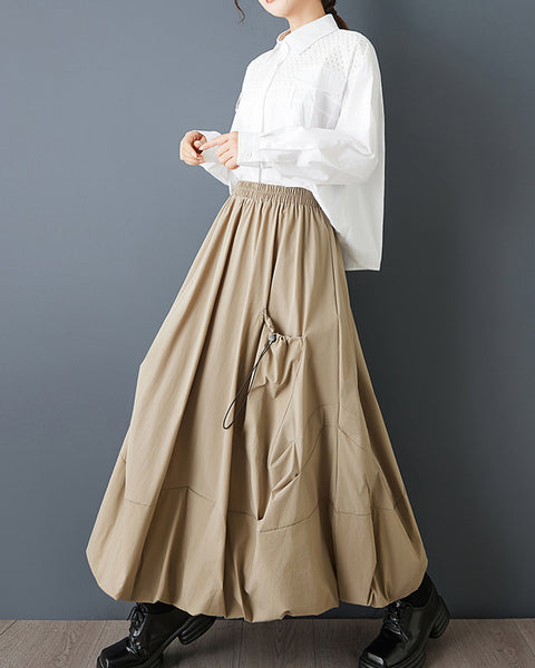 ellazhu Women's Plus Size Gothic Cargo Midi Skirt Elastic Waist A Line Balloon Skirt Casual Streetwear Pockets Trendy GZ847