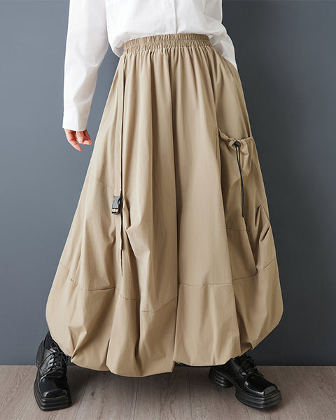 ellazhu Women's Plus Size Gothic Cargo Midi Skirt Elastic Waist A Line Balloon Skirt Casual Streetwear Pockets Trendy GZ847