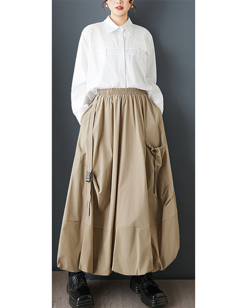 ellazhu Women's Plus Size Gothic Cargo Midi Skirt Elastic Waist A Line Balloon Skirt Casual Streetwear Pockets Trendy GZ847