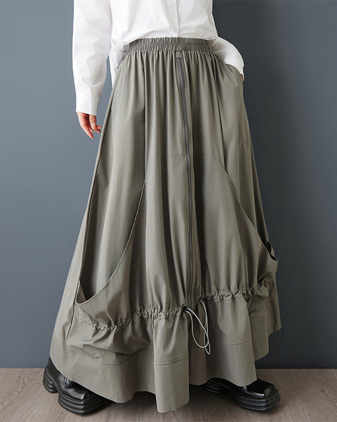 ellazhu Women's Gothic Cargo Skirt Elastic Waist Drawstring Loose A Line Midi Skirt Plus Size Casual Streetwear Skirt GZ848