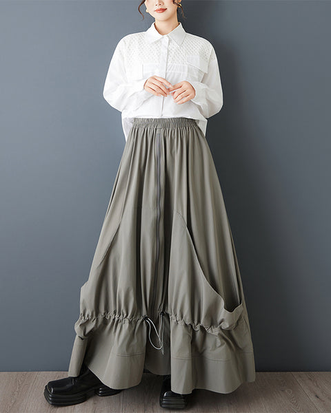 ellazhu Women's Gothic Cargo Skirt Elastic Waist Drawstring Loose A Line Midi Skirt Plus Size Casual Streetwear Skirt GZ848