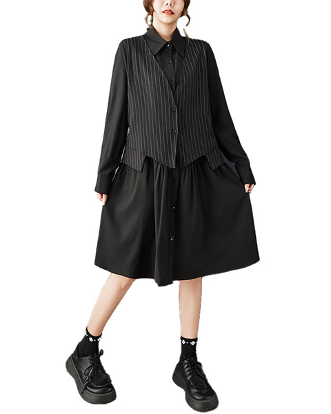 ellazhu Women's Gothic Striped Patchwork Midi Shirt Dress Loose Long Sleeve Fake Two Piece A Line Casual Plus Size GZ849