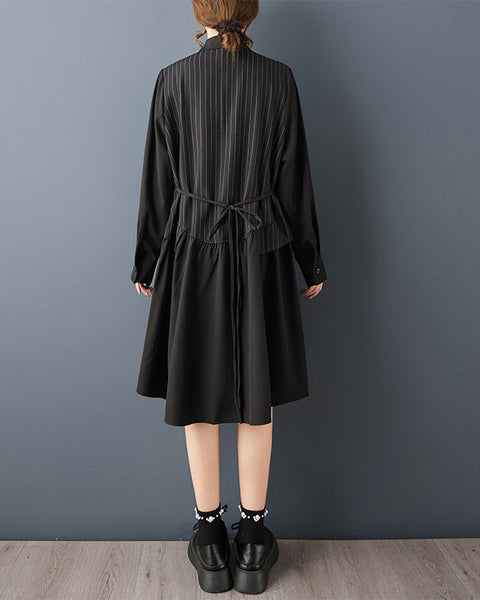 ellazhu Women's Gothic Striped Patchwork Midi Shirt Dress Loose Long Sleeve Fake Two Piece A Line Casual Plus Size GZ849