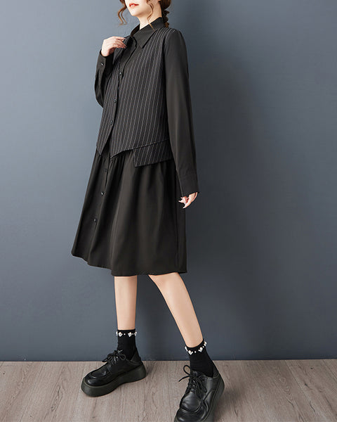 ellazhu Women's Gothic Striped Patchwork Midi Shirt Dress Loose Long Sleeve Fake Two Piece A Line Casual Plus Size GZ849