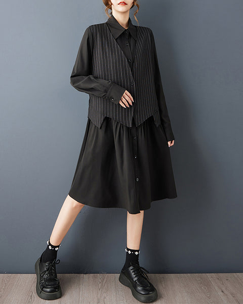 ellazhu Women's Gothic Striped Patchwork Midi Shirt Dress Loose Long Sleeve Fake Two Piece A Line Casual Plus Size GZ849