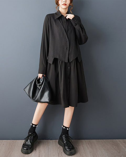 ellazhu Women's Gothic Striped Patchwork Midi Shirt Dress Loose Long Sleeve Fake Two Piece A Line Casual Plus Size GZ849