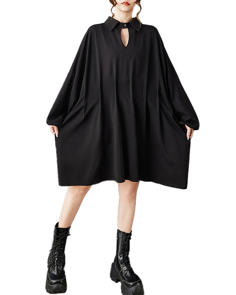 ellazhu Women's Vintage Gothic Pleated Batwing Long Sleeve Loose Plus Size Midi Dress Streetwear GZ850