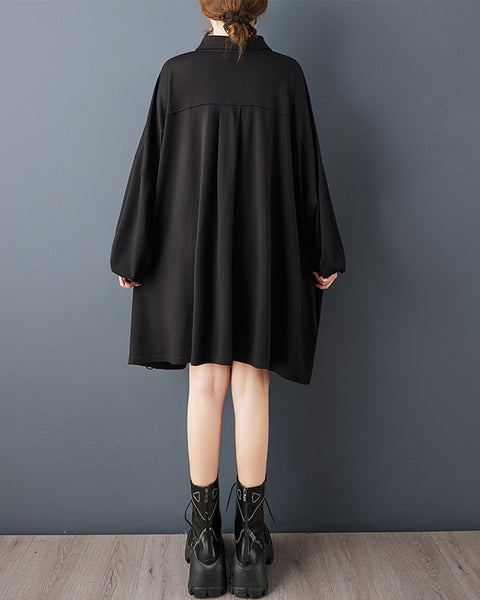 ellazhu Women's Vintage Gothic Pleated Batwing Long Sleeve Loose Plus Size Midi Dress Streetwear GZ850