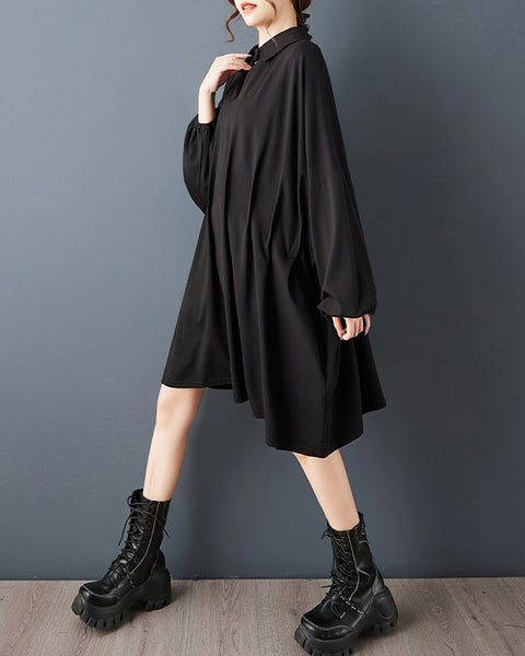 ellazhu Women's Vintage Gothic Pleated Batwing Long Sleeve Loose Plus Size Midi Dress Streetwear GZ850