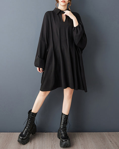 ellazhu Women's Vintage Gothic Pleated Batwing Long Sleeve Loose Plus Size Midi Dress Streetwear GZ850