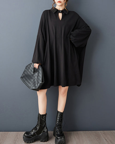 ellazhu Women's Vintage Gothic Pleated Batwing Long Sleeve Loose Plus Size Midi Dress Streetwear GZ850