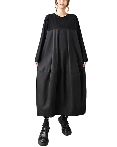 ellazhu Women's Dark Vintage Long Sleeve Patchwork Dress Crew Neck Loose A Line Casual Plus Size Dress GZ851