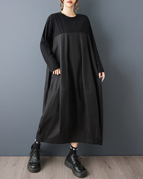 ellazhu Women's Dark Vintage Long Sleeve Patchwork Dress Crew Neck Loose A Line Casual Plus Size Dress GZ851