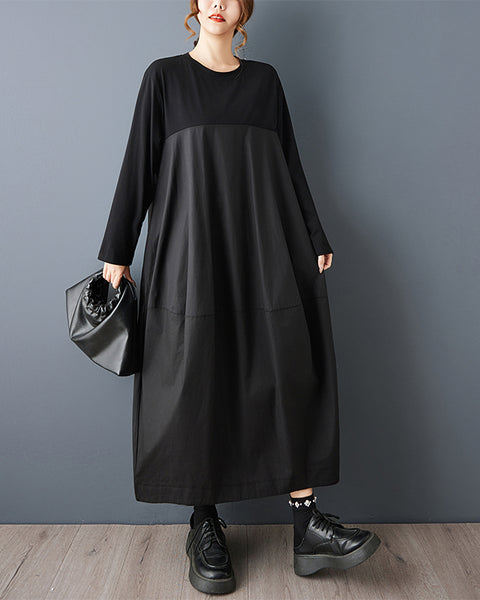 ellazhu Women's Dark Vintage Long Sleeve Patchwork Dress Crew Neck Loose A Line Casual Plus Size Dress GZ851
