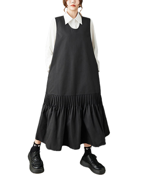 ellazhu Women's Gothic Pleated Patchwork Sleeveless Maxi Dress Scoop Neck Loose Casual Plus Size A-Line GZ852