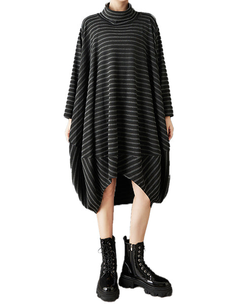 ellazhu Women¡¯s Striped Oversized Turtleneck Sweater Dress Loose Irregular Hem Knit Tunic Pullover GZ853