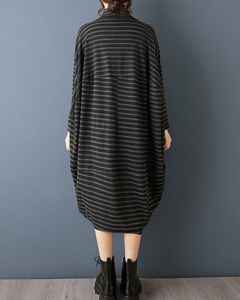 ellazhu Women¡¯s Striped Oversized Turtleneck Sweater Dress Loose Irregular Hem Knit Tunic Pullover GZ853