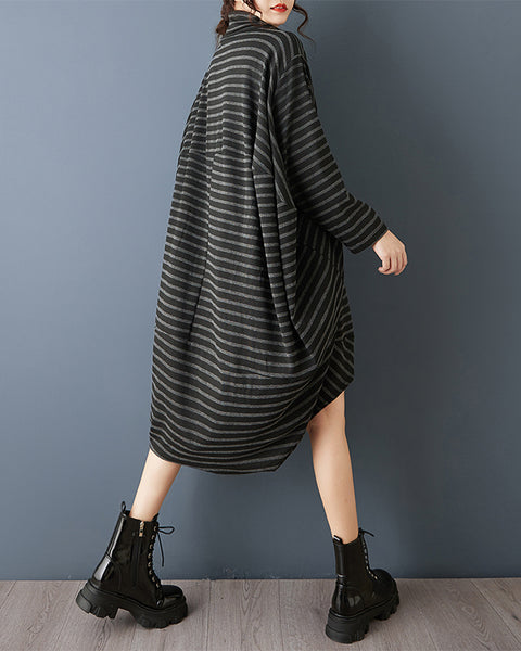 ellazhu Women¡¯s Striped Oversized Turtleneck Sweater Dress Loose Irregular Hem Knit Tunic Pullover GZ853