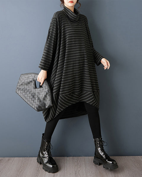 ellazhu Women¡¯s Striped Oversized Turtleneck Sweater Dress Loose Irregular Hem Knit Tunic Pullover GZ853